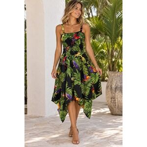 Rima Beachworld Dress Womens OS Tropical Parrot Print Smocked High Low Hem